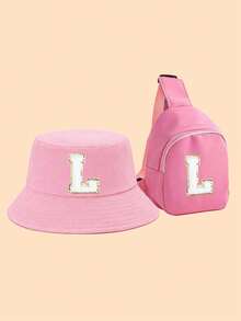 2件套儿童粉色26字母渔夫帽+斜挎包，可爱个性化拍照沙滩帽，轻便时尚日常户外遮阳帽 - 粉色 - 查看 8
