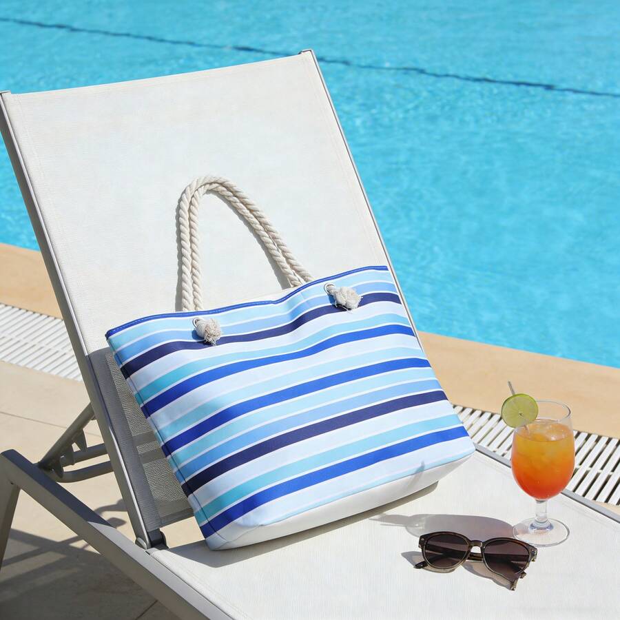 1 Túi Tote Đi Biển Sọc Xanh Trắng Dung Tích Lớn, Túi Du Lịch Đi Biển, Túi Tote Đi Biển Vải Canvas Sọc Xanh Lớn Có Quai Dây, Túi Đeo Vai Rộng Rãi Mùa Hè Cho Kỳ Nghỉ Đi Biển & Đồ Dùng Du Lịch. - Xanh và trắng - Xem 1