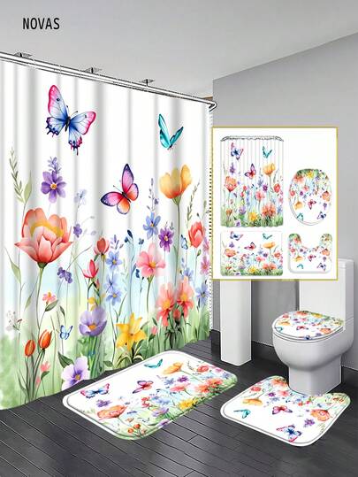 1/3/4件套水彩野花蝴蝶图案浴帘套装，彩色花卉印花浴室装饰，防水布浴帘配防滑垫、马桶盖套和U型地毯，非常适合家居/卧室/客厅/家用物品/夏季使用。