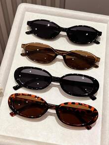 4 Pairs New Retro Small Oval Multi-Color Fashionable Minimalist Glasses, Suitable For Travel, Beach, Bar, Daily Outings As Accessories - 4pcs Black Tea Leopard Print Combination - View 9