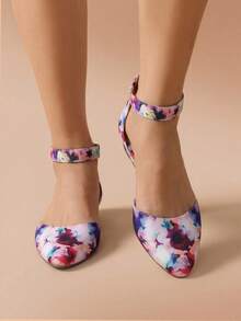 Women Wedge Flats Pointed Toe Ankle Strap Dress Flats Comfortable Elegant Casual Commute Wedding Ballet Flats Shoes - 花/白 - 查看 1