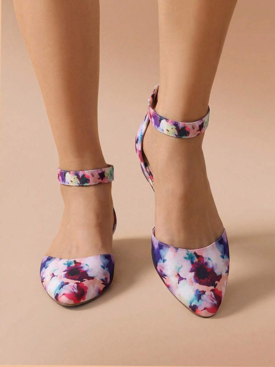 Women Wedge Flats Pointed Toe Ankle Strap Dress Flats Comfortable Elegant Casual Commute Wedding Ballet Flats Shoes - 花/白 - 查看 1