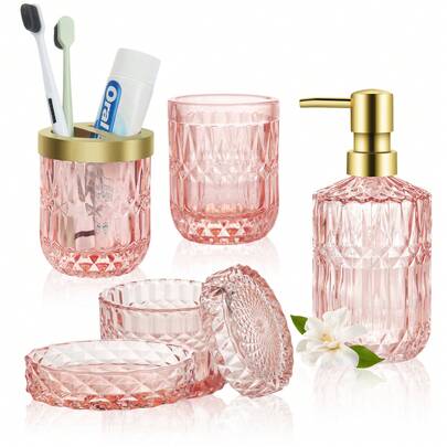 5 Piece Pink Glass Bathroom Set Soap Dispenser Toothbrush Holder Soap Dish Tumbler Cotton Swab Jar Vanity Organiser For Countertop Modern Decor