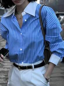 New Arrival Plus Size Women's Striped Print Colorblock Button-Up Shirt Spring - Blue - View 1