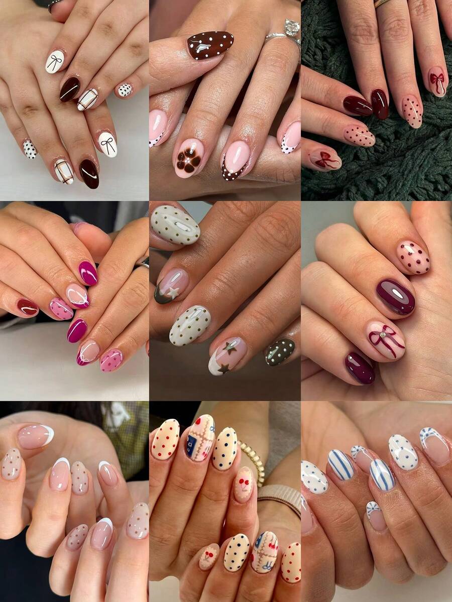 216片（9种混色）短椭圆波点美甲贴纸，包含蝴蝶结、星星和花朵图案，法式亚克力按压式美甲贴纸，完美贴合，让您的指尖闪耀动人，适合派对、舞蹈和日常使用。美甲用品 - 彩色 - 查看 1