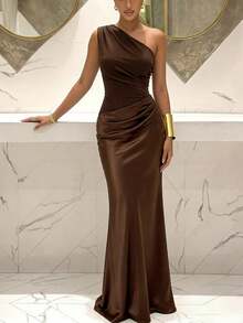 Coffee Brown One Shoulder Ruched Satin Mermaid Maxi Dress – Asymmetrical Bodycon Vintage Formal Evening Gown For Women Party Wedding Guest - 咖啡棕 - 查看 6
