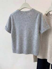 Casual Minimalist Gray Knit Top, Cropped Round Neck, Drop Shoulder Short Sleeve, Ribbed Knit Trim, Comfortable & Versatile Summer - 灰色 - 查看 7