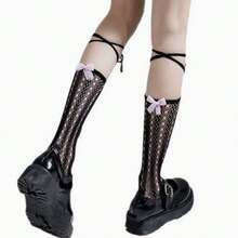 2双（黑白）系带蝴蝶结针织袜 春秋季交叉蕾丝踝袜 夏季轻薄洛丽塔风格踝袜 - 彩色 - 查看 6