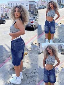 Women's Fashionable Casual Straight Loose Fit Athletic College Vintage Distressed Versatile Denim Capri Pants Summer - 深藍1 - 查看 3