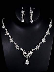 4pcs/Set Jewelry Set For Teenagers, Including Pink Crystal Crown, Necklace And Earrings, Alloy Material, Suitable For Stage Performance, Wedding, Birthday Gift - Silver - View 6