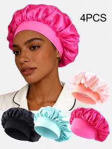 1pc/4pcs Women's Solid Color Elastic Wide-Brim Satin Sleep Cap, Suitable For Daily Beauty And Hair Care,Summer,Beach,Hat - Multicolor - View 29