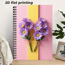 1 Cuaderno de espiral con rayas, tamaño A5, con patrón de crisantemo morado romántico, cubierta con fondo a rayas rosa y amarillo, dos decoraciones de crisantemo morado realistas, fresco y elegante, que mejora la atmósfera poética para la escritura diaria y el registro de inspiración - E - Ver 4