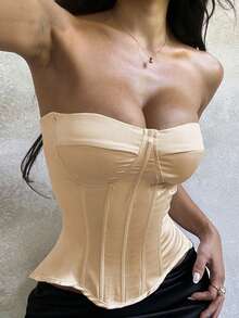 Women's Sleeveless Strapless Corset Top With Cup Detail Knitted Fabric Tube Top - Champagne - View 4