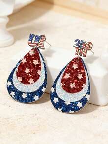 1对复古美国250周年星条旗泪滴耳环，创意派对/节日夸张耳环 - 皮革耳環 - 查看 5