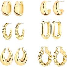 6 Pairs 14K Gold Plated Hoop Earrings Women Lightweight Chunky Hoop Earrings Multipack, Thick Open Twisted Huggie Hoops Earring Set Jewelry Gifts. - Silver - View 11