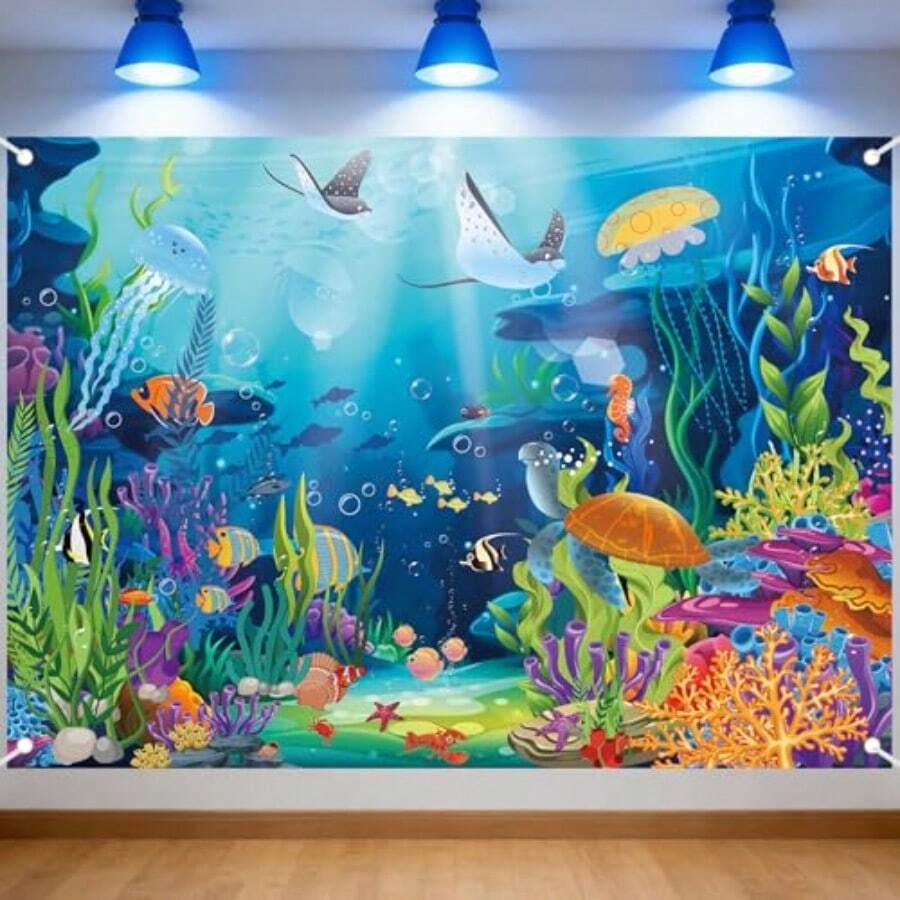 Under The Sea Backdrop Decorations - 7x5 Ft Underwater Little Mermaid Ocean Backdrop For Girl Boy Birthday Baby Shower Decorations Photo Booth Banner Background With Coral Tropical Fish Jellyfish - 水下 - 查看 1