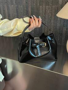 2026新款复古极简水桶包，时尚休闲亮面质感女士单肩斜挎包 - 黑色 - 查看 6