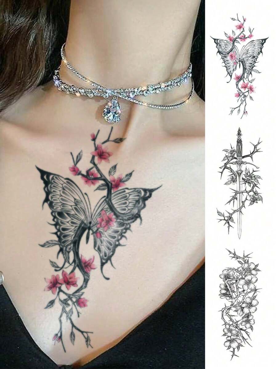 3 Sheets Big Size Body Art Temporary Tattoo Stickers For Both Men And Women With Patterns Including Thorns, Flowers, Swords And Butterflies. Waterproof Fake Tattoo That Lasts 2-5 Days And Can Be Attached To Arms, Neck, Shoulders, Back, Waist And Legs. Ideal For Festivals, Parties, Gift Giving And Music Festivals To Quickly Create A Personalized Tattoo. - Black - View 1