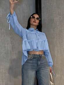 Women's Elegant Casual Shirt, Irregular Design, Lapel Tie Lantern Sleeve Loose Shirt, Solid Color Woven Fabric Pleated Hem, Elegant For Daily, Date, Vacation, Spring/Summer - Sky Blue - View 9