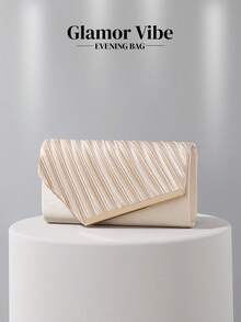 Bolso de mano de satén color champán plisado - Con cadena dorada desmontable, adecuado para bodas, fiestas, bailes de graduación - Albaricoque - Ver 3