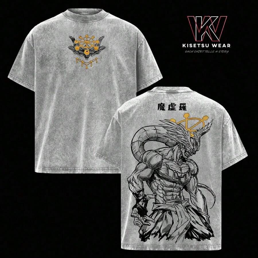 Mahoraga JJK Anime Graphic Tee, Vintage Washed Oversized Dark Anime Streetwear T-Shirt, Soft Cotton Unisex Apparel, Gift For FansHX0002summer Outfits For Women - 灰色 - 查看 1
