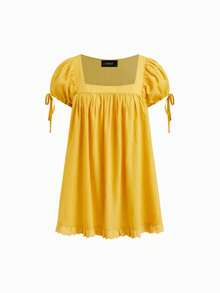 Short Sleeve Maternity Dress For Women Square Neck A-Line Mini Ruffled Dresses For Daily Shopping Office Travel - 淺黃 - 查看 5