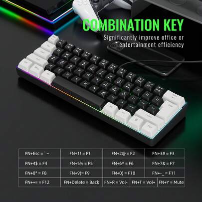 60% New Compact Mini 61-Key Membrane Keyboard, Black/White RGB Backlit Mechanical Feel Gaming Keyboard, Ergonomic Design, Spill-Resistant, Suitable For PC/Laptop/Office/Home/E-Sports Gaming