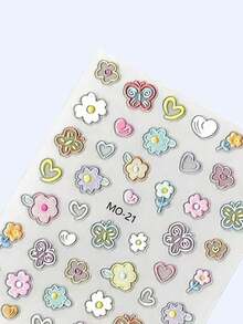1pc Soft & Cute Floral Heart Nail Art Stickers, 3D Embossed, Fresh Style, Waterproof, Finger Nail Decor, DIY Scrapbooking - Multicolor - View 3