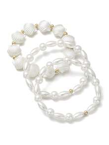 3pcs Pearl & Shell Beaded Layered Bracelet Set, Beach Vacation Style Jewelry Suitable For Summer Beach & Daily Wear - Multicolor - View 5