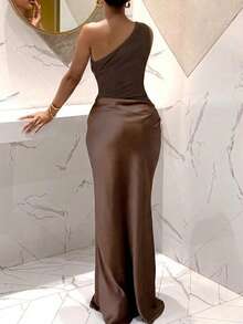Coffee Brown One Shoulder Ruched Satin Mermaid Maxi Dress – Asymmetrical Bodycon Vintage Formal Evening Gown For Women Party Wedding Guest - 咖啡棕 - 查看 2
