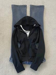 Chaqueta con capucha casual con cremallera frontal de unicolor y manga larga para mujer - Blanco - Ver 1