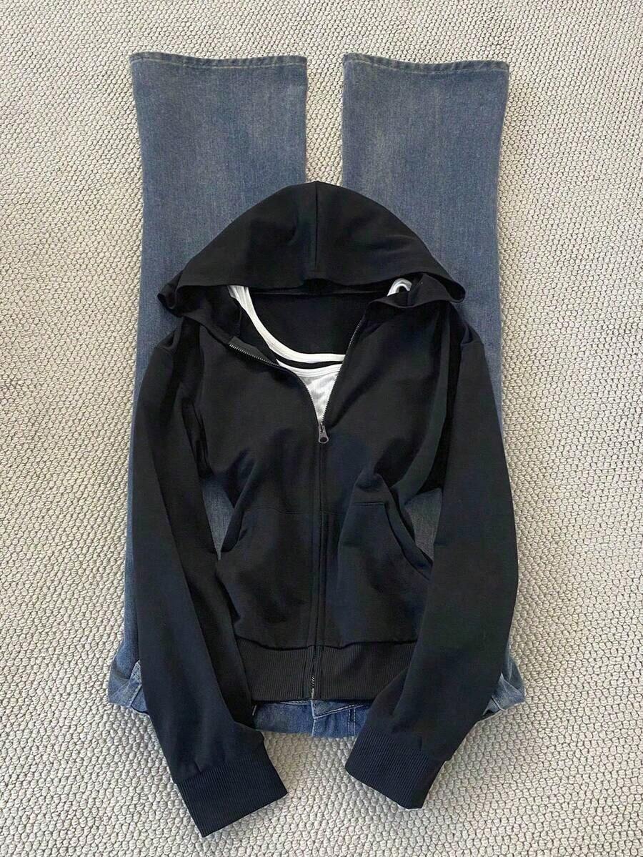 Chaqueta con capucha casual con cremallera frontal de unicolor y manga larga para mujer - Blanco - Ver 1
