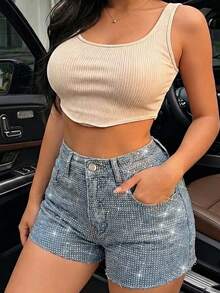 Women's Vintage Washed Blue High Waist Rhinestone Denim Shorts, Y2K Streetwear Hot Pants - Medium Wash - View 5