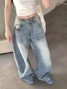 Women's Wide-Leg Denim Pants, New Arrival, High Waist, Draped Silhouette, Curved Fit, Denim, Spring Clothing, Trousers. - Retro Blue - View 3