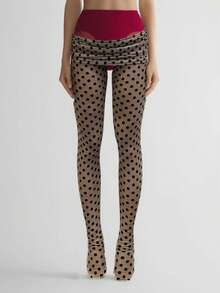 Women Polka Dot Pantyhose Sheer Tights Fold Over Waist Stretchy Thin Stockings Summer Sexy Leggings Hosiery - 卡其色 - 查看 1