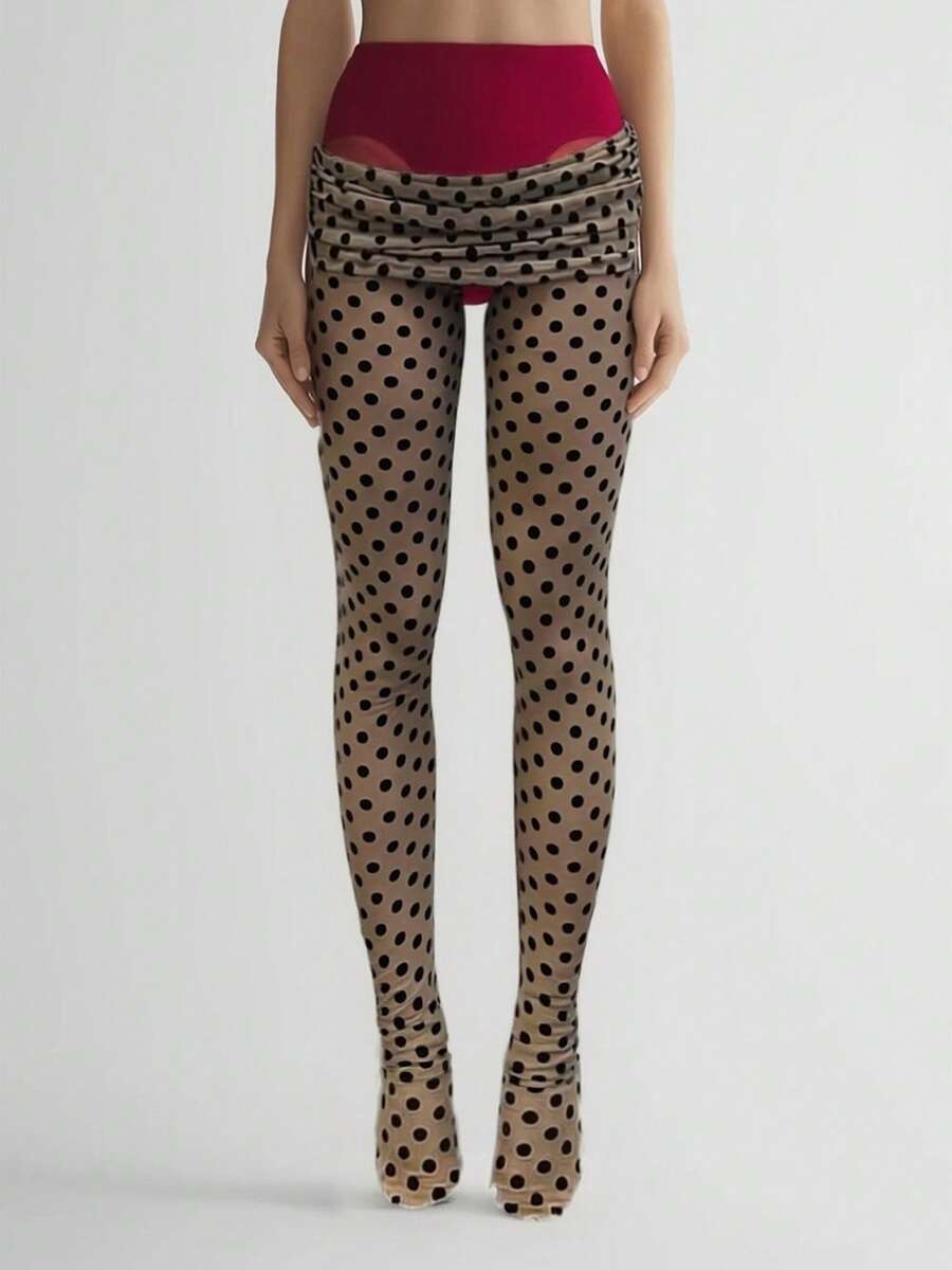 Women Polka Dot Pantyhose Sheer Tights Fold Over Waist Stretchy Thin Stockings Summer Sexy Leggings Hosiery - 卡其色 - 查看 1