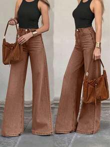 Women's Casual Elegant Wide Leg Jeans, With Pockets And Zipper, Long Length, Medium Stretch, Gray Spring - 咖啡棕 - 查看 9