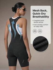 Qualicos 女士骑行背带短裤，采用 4D 高密度泡沫衬垫，长款设计，透气舒适，黑色 - 黑色 - 查看 3