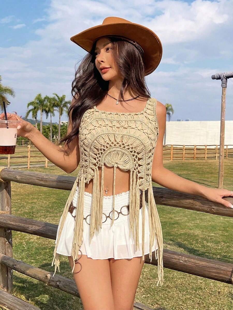 Áo không tay dệt kim tua rua kiểu Bohemian, áo vest dệt kim cổ vuông cho nữ, thiết kế xuyên thấu, vạt áo bất đối xứng, phong cách Boho bãi biển - Áo dệt kim không tay cổ vuông cho nữ, chi tiết tua rua, vải chiffon, chiều dài tiêu chuẩn, chất liệu hơi co giãn, thích hợp cho mùa hè. - Màu be - Xem 1