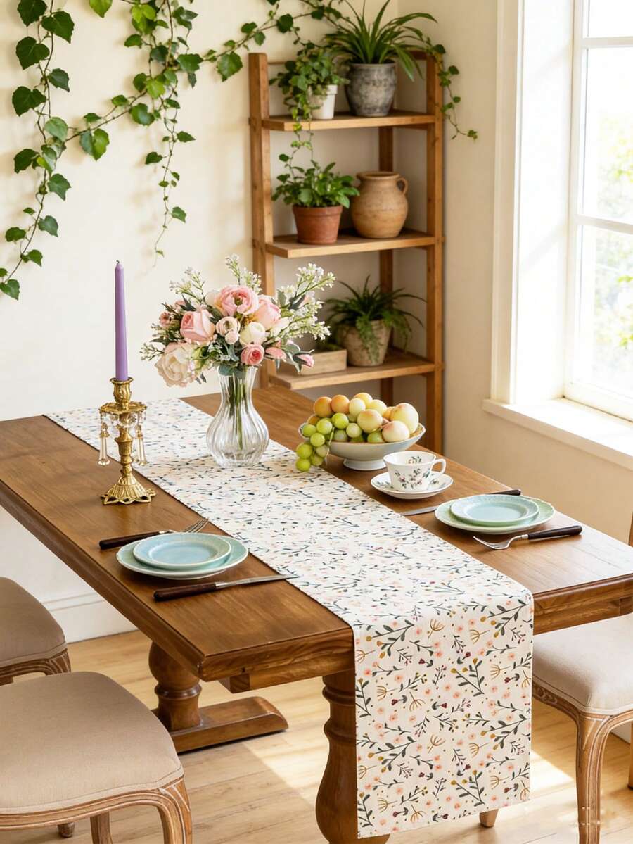 1pc Ditsy Floral Outdoor Table Runner, Rustic Style Rectangular Table Runner, Foldable Camping Table Decor Cloth, Washable, Suitable For Coffee Table, Sideboard, Cabinet, Tabletop Decor, Daily Home Decoration, Applicable For Country House Dinner, Picnic, Party, Camping Decoration, All Seasons, Spring/Summer - Green Rose - View 1