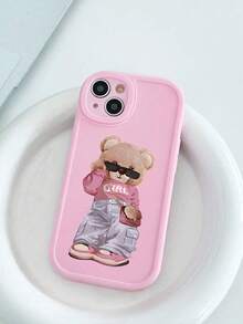 1pc Pink Bear Pattern Phone Case, Fashionable Glasses Bear Design Matte Shock-Proof Protective Cover Suitable For IPhone 17 Pro Max/17 Pro/17/16 Pro Max/16 Pro/16/15/14/13/12/11/Pro/Pro Max/X/XR/XS/XS Max/7/8/Plus - Multicolor - View 4