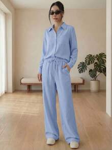 ADD MODA REF AS1593 LINEN SET PANTS WITH POCKETS AND BUTTON-DOWN SHIRT WITH POCKETS - 藍色 - 查看 3