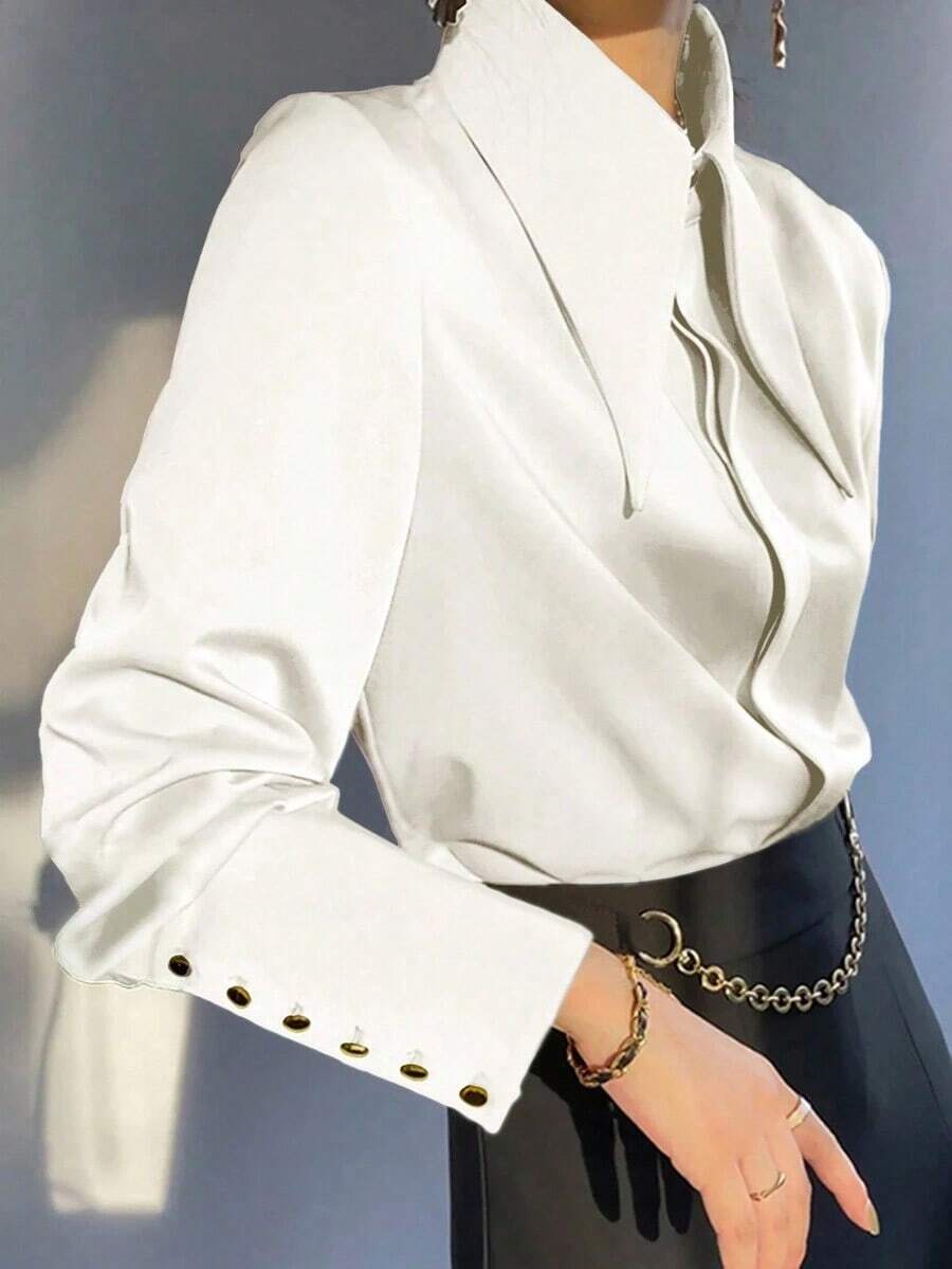 [Custom-Developed] New Women's Fashion Long Sleeve Solid Blouse, Summer Elegant White Spring - 紫色 - 查看 1