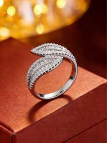 1枚奢华小众设计双叶开口戒指，优雅微镶锆石戒圈，百搭通勤配饰，女士必备 - 開口戒指 - 查看 2