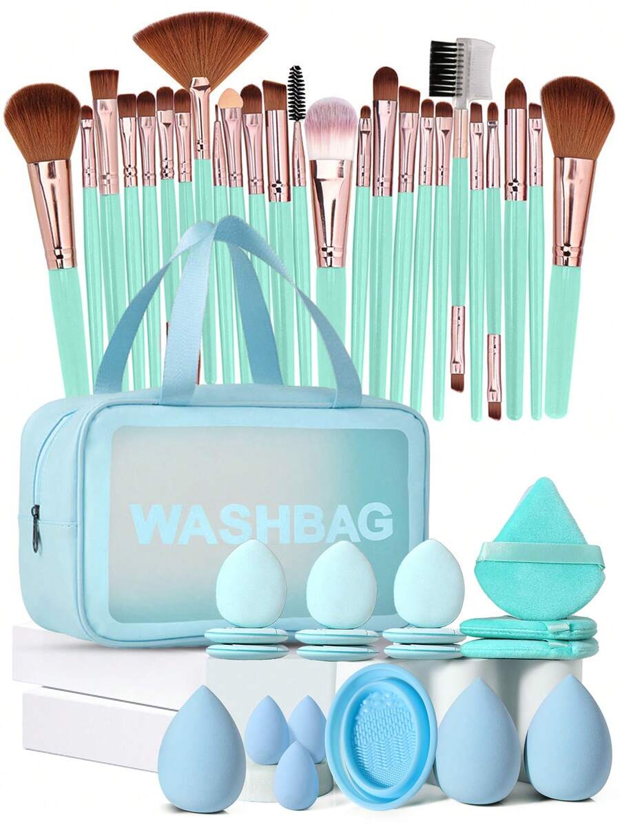 45PCS Makeup Tools Set Including:25PCS Makeup Brush Set+3PCS Makeup Sponges+3PCS Mini Makeup Sponges+3PCS Triangle Powder Puffs+9PCS Mini Air Cushion Powder Puffs+1pc Makeup Brush Cleaning Tools+1pc Multi-Functional Zipper Toiletry And Cosmetic Bag Waterproof - Multicolor - View 1