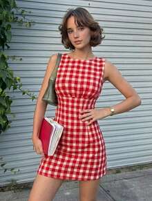 Women's Red & White Plaid Sleeveless Waist Cinched A-Line Mini Skirt, Punk Street Style - Red and White - View 5