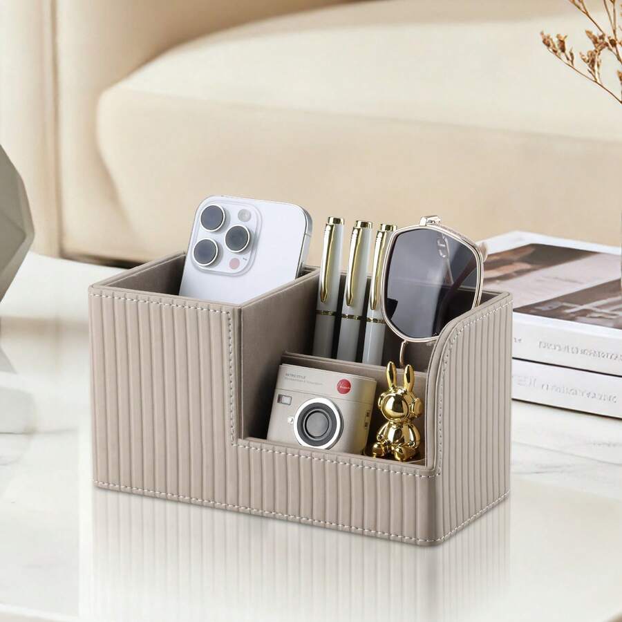 Fashionable PU Leather Storage Box With 3 Compartments, PU Leather Storage Rack, Storage Box, Media Accessory Storage, Desktop Organizer, Suitable For Home Office Desk Accessories, Multifunctional Stylish Bedside Desk Organizer - Multicolor - View 1
