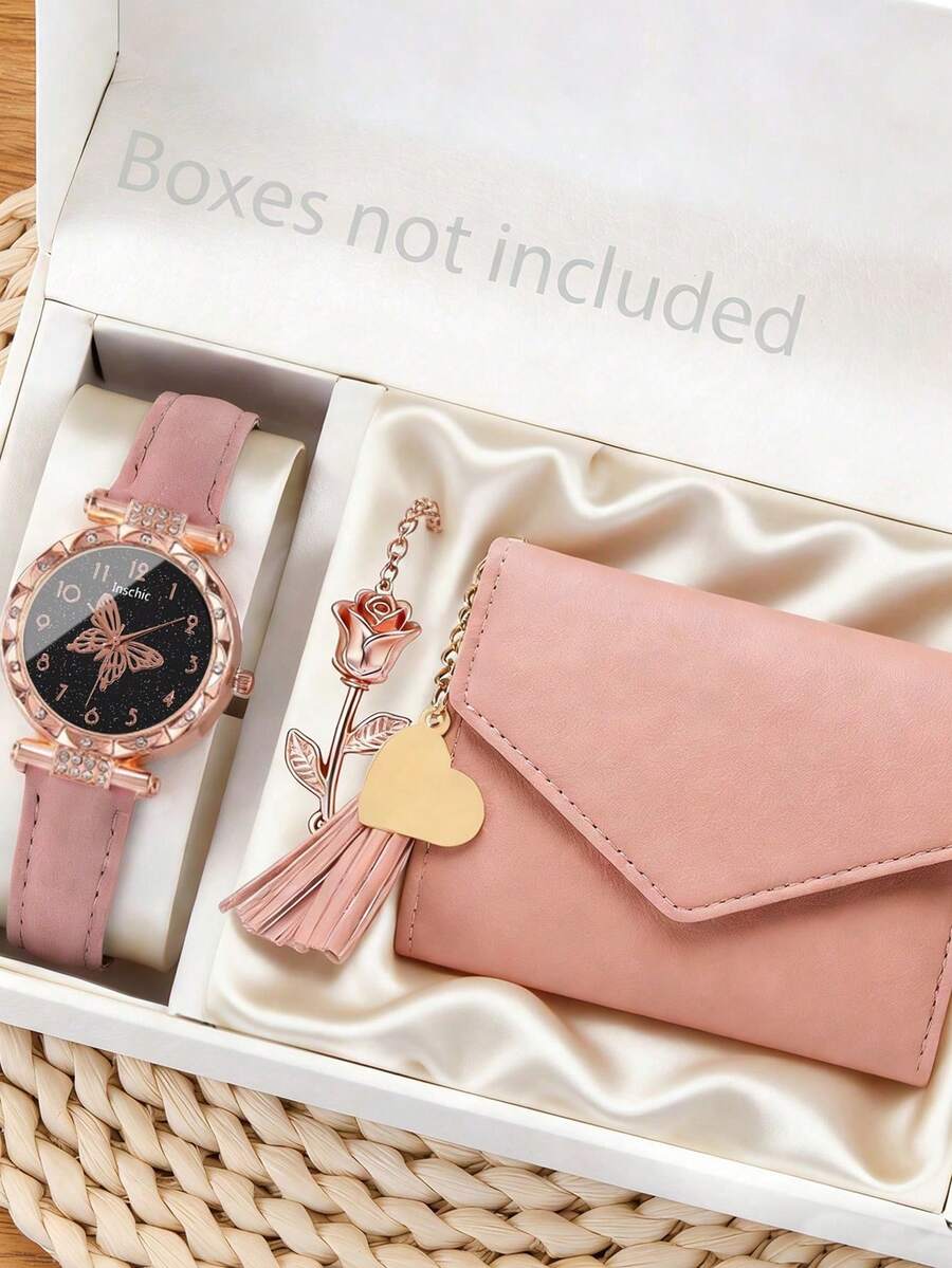 3pcs Simple Casual Women's Quartz Watch Set, Sweet And Fresh Style Pink PU Leather Strap Quartz Watch Accessories Set For Women (Pink Strap Butterfly Dial Women's Quartz Watch, Pink PU Leather Short Wallet, Rose Gold Rose Bracelet). - Pink - View 1