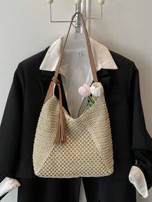 Túi xách SIMUTINE kiểu dáng mới dành cho nữ, túi đeo vai dung tích lớn, túi dệt kiểu dáng thường ngày mùa xuân, chất liệu rơm, phù hợp cho sử dụng hàng ngày, mua sắm, du lịch, công sở, sinh viên. - trắng - Xem 7