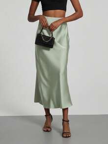 Women's Fashion All-Season Satin Elastic Waist Maxi Skirt Spring - Pine Green - View 8